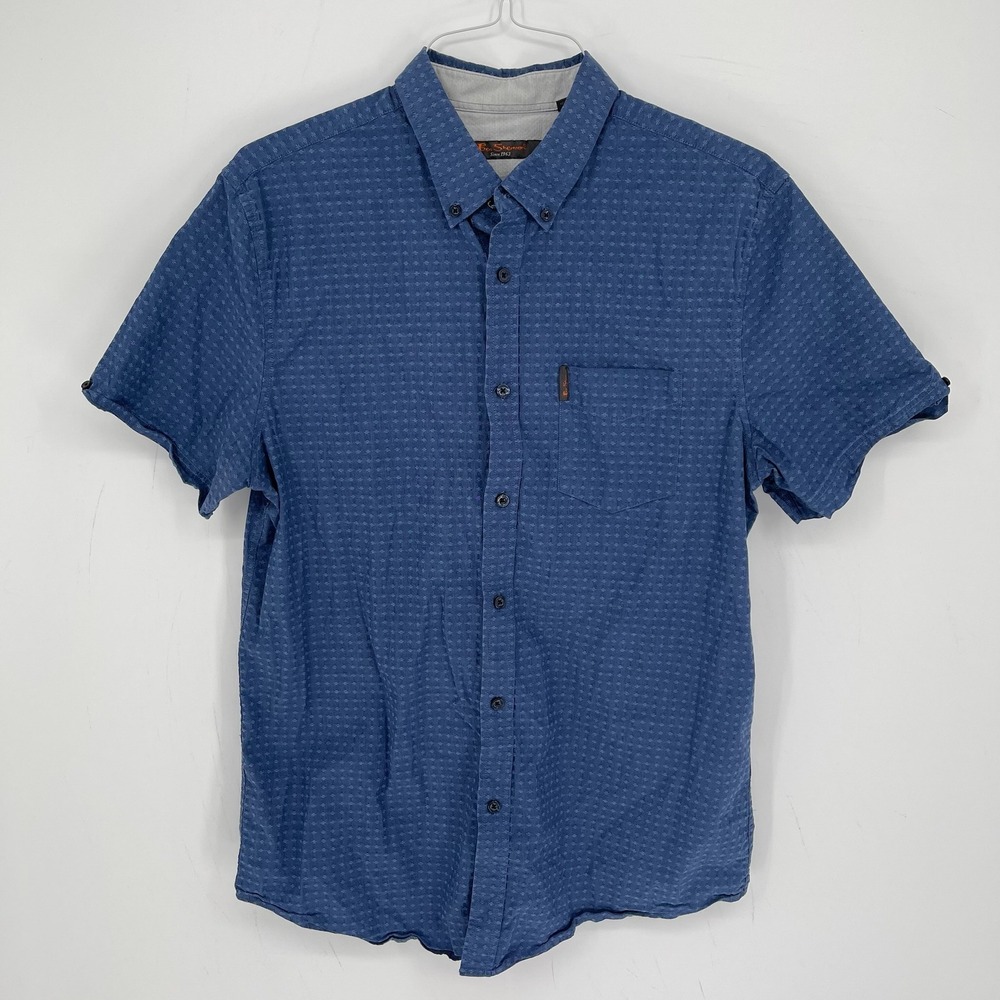 Ben Sherman Men's Blue Dobby Textured Short Sleeve Button Front Shirt Top Size L